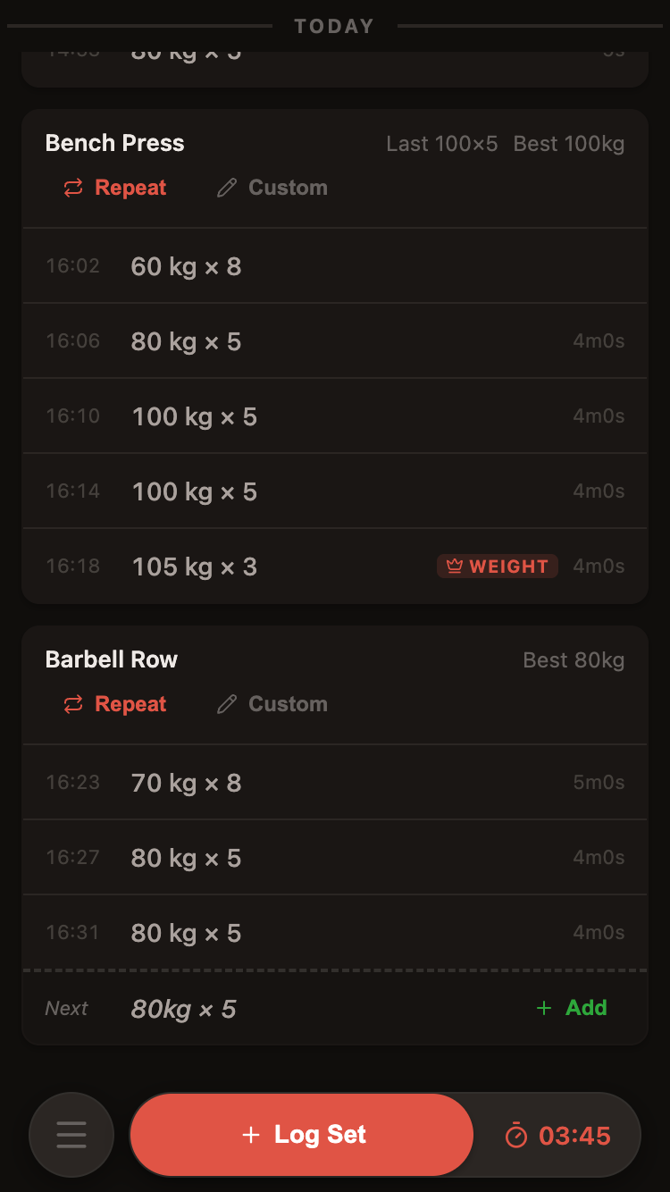 HEFTY app showing a workout log with bench press and barbell row sets, PR badges, and rest times